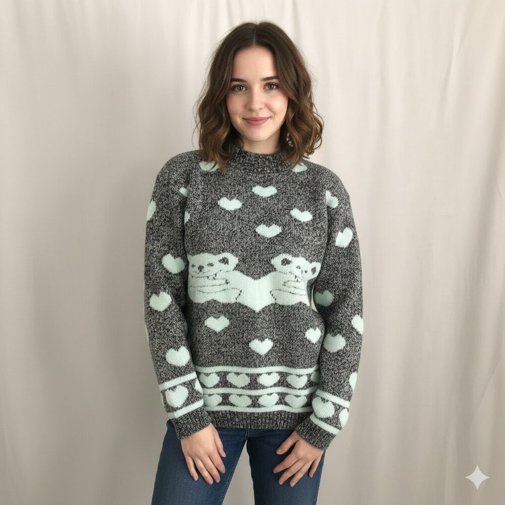 Vintage 90s La Vista Sweater Hearts Bears Print Medium